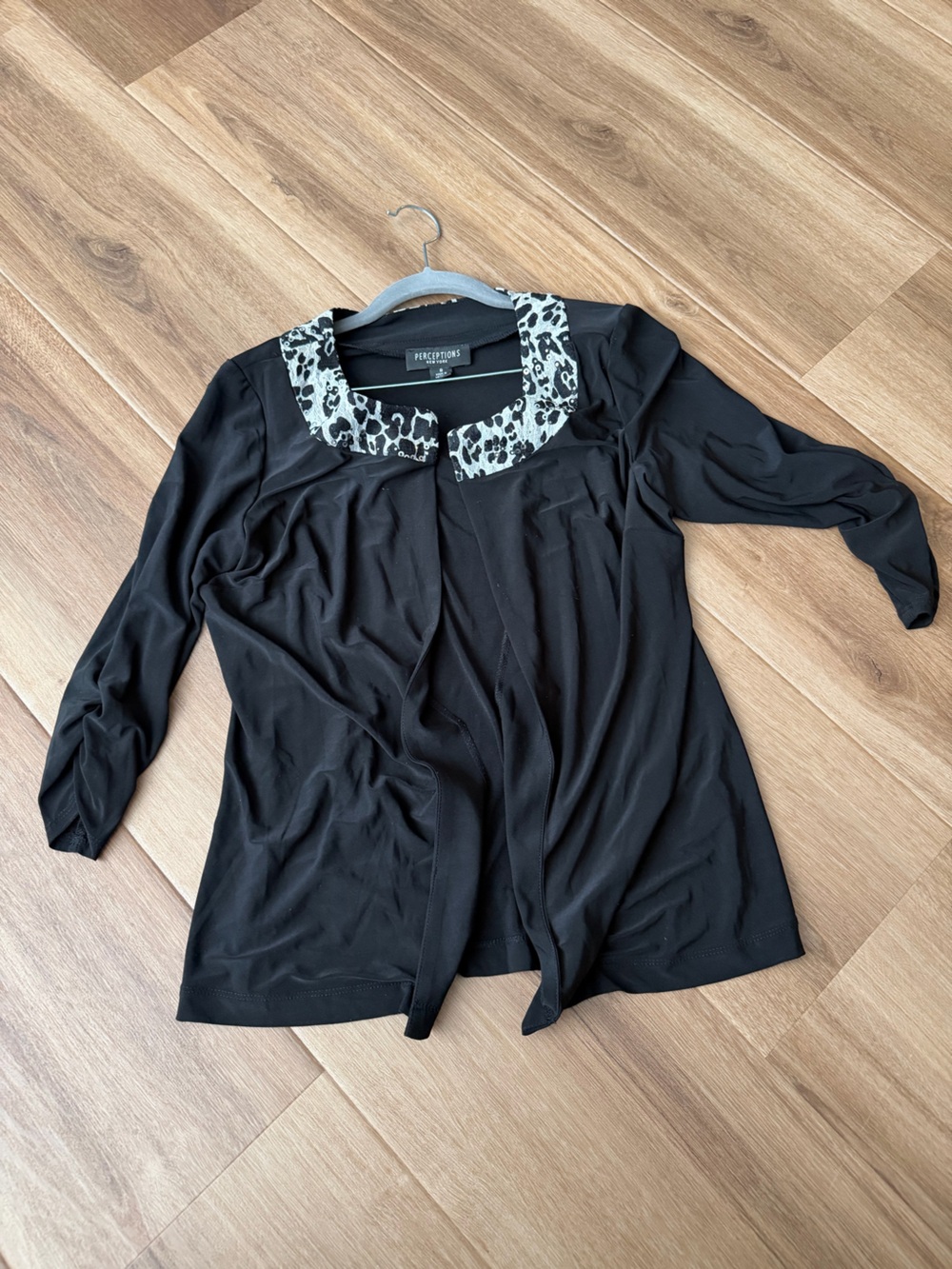 Perceptions Black Long Sleeve Open Front Top with Leopard Collar